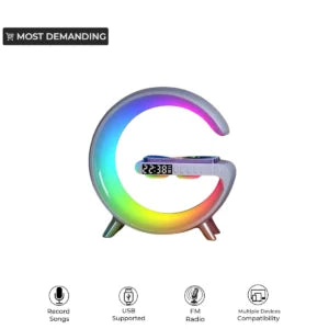 G63 G shape RGB Lamp | G63 Wireless Charging bluetooth Speaker with Digital Alarm Clock-LED RGB Colourful Light,Lamp for Study Table,Bedroom Side Table